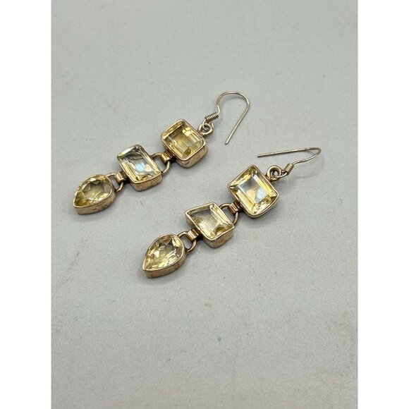 Citrine Glass Sterling Silver Dangles Earrings Dangles Geometric Drops Design - Picture 6 of 8